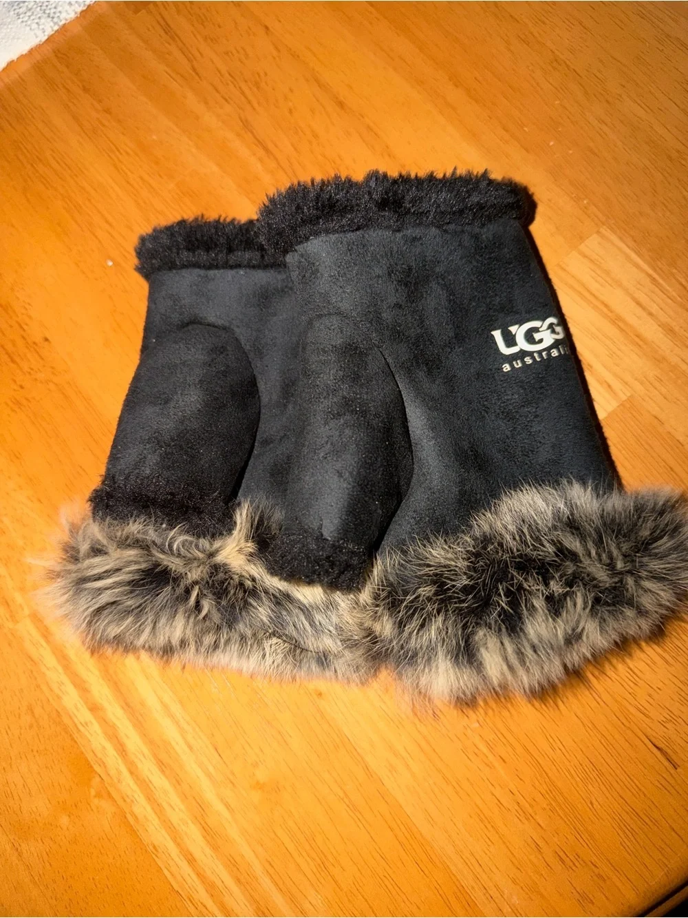 UGG Black Mittens with Faux Fur Trim